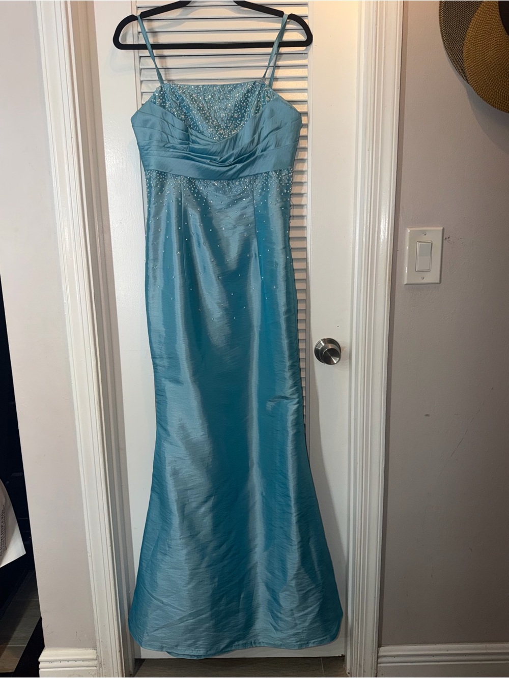 Impressions Aqua Beaded Spaghetti Strap Prom Gown